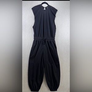 Black Sleeveless Jumpsuit Key Hole Back Pockets, Drawstring, Jogger Legs NWT